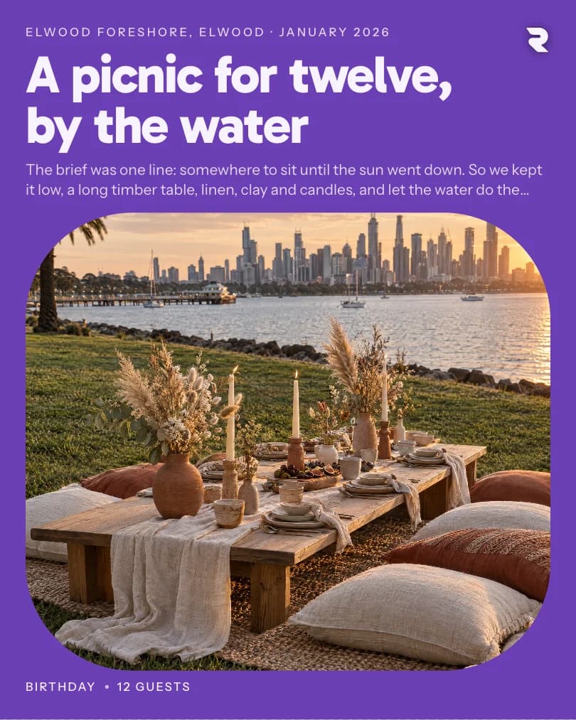 A post for a waterside picnic, on a purple ground
